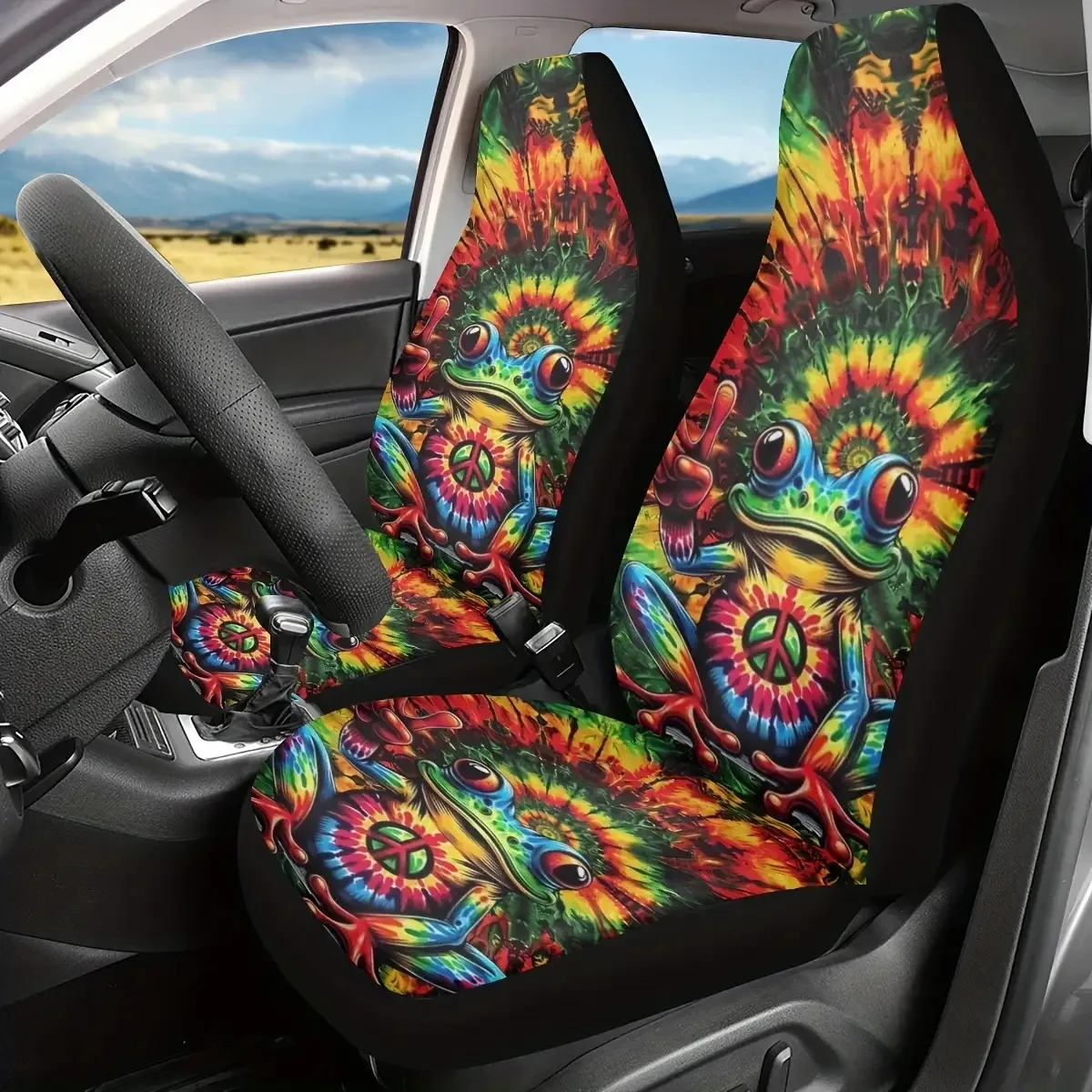 2pcs Peace Frog Car Seat Covers - Vibrant Tropical Frog Print, Washable & Easy To Install, Fit For Cars, SUVs, Trucks, Sedans -