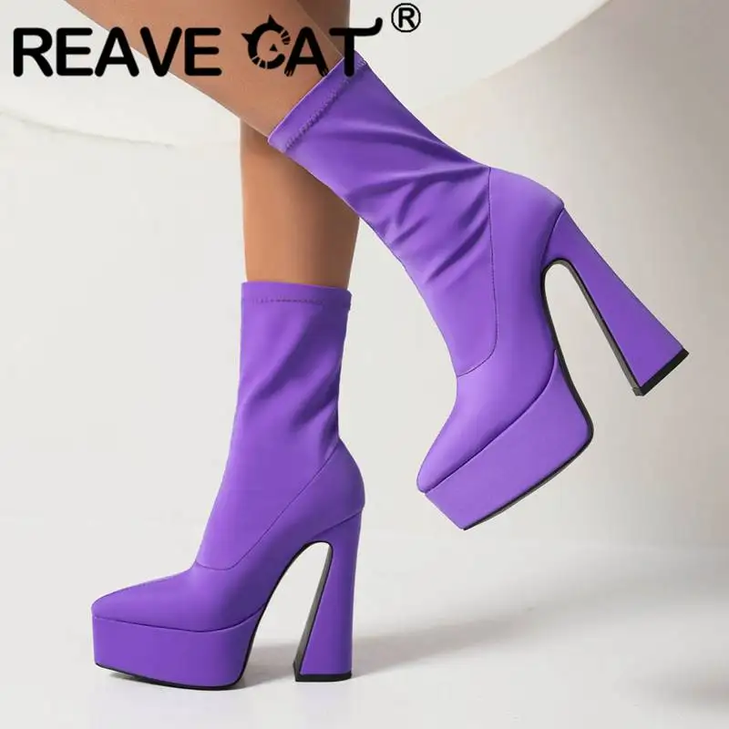 REAVE CAT Stretchy Brans Boots Pointed Toe Heels 14cm Platform 5cm Slip On Size 43 44 45 Sexy Party Booties