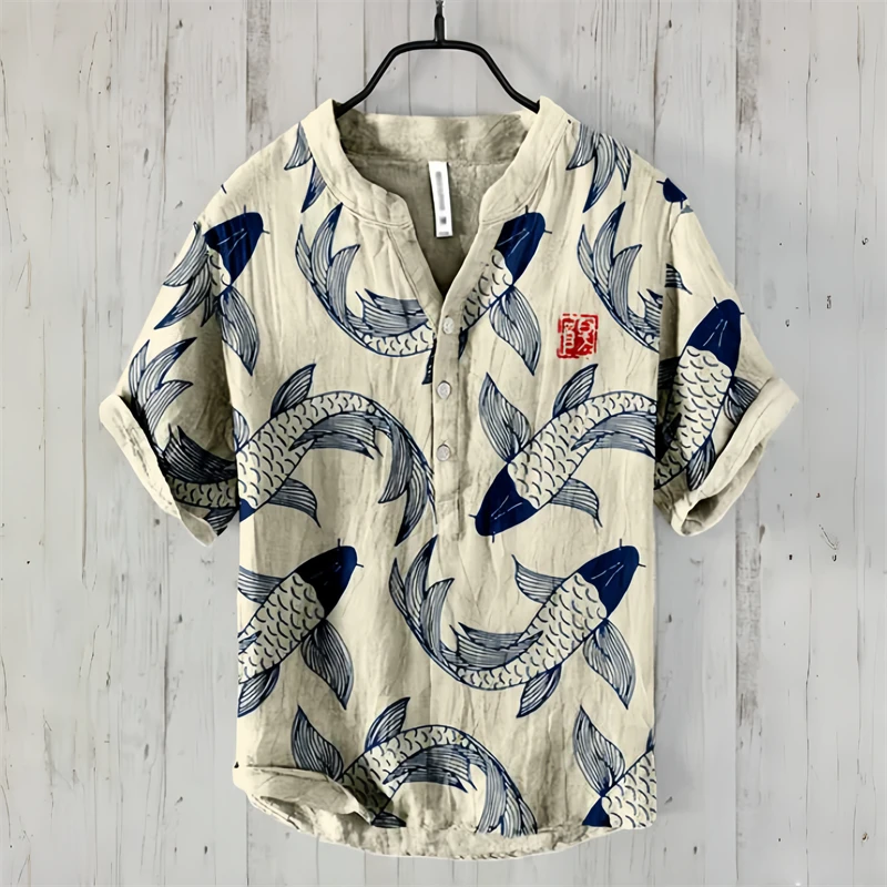 Spring and summer men\'s and women\'s shirts, fashionable shirts, casual fish pattern Hawaiian style printed shirts, linen tops