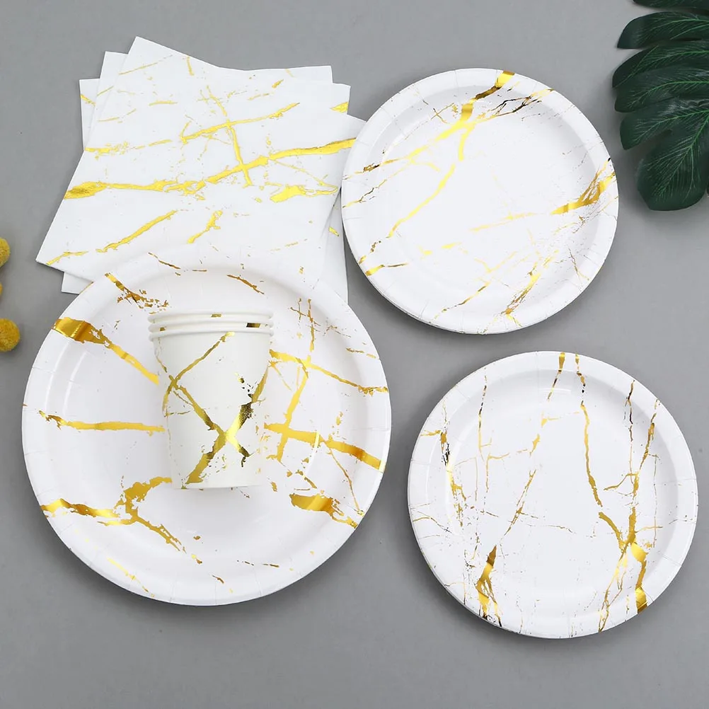 

1Set Disposable Party Tableware Marbling Paper Plates Napkins Cups Biodegradable Single Use Tableware for Family Gathering