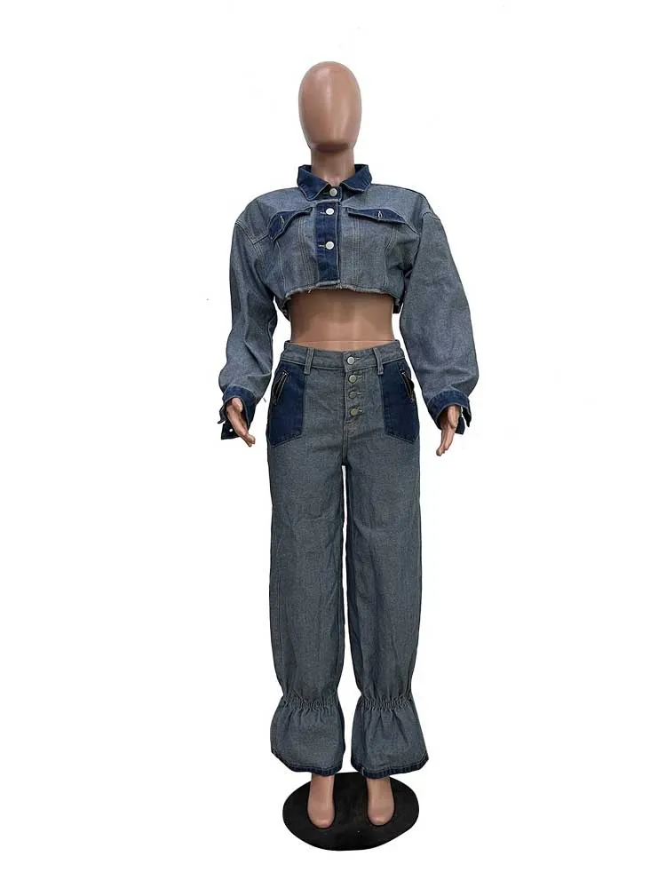 2 Piece Matching Set Spring Streetwear Button Top and Jeans Female Sexy Denim Pant Suits for Ladies wholesale Dropshipping