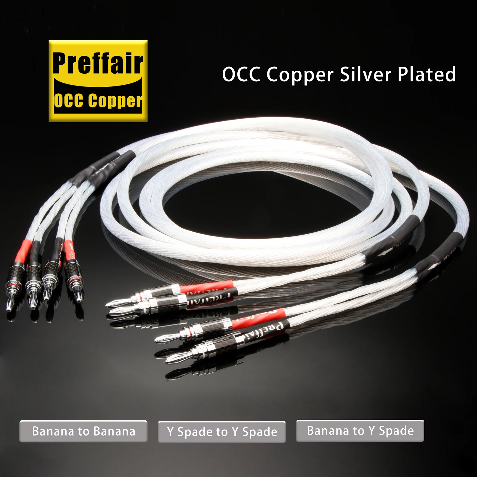 Preffair Hi-End 5N OCC Silver Plated Speaker Cable Banana Plug 2 to 2 Single cable HiFi Audio Loudspeaker Wire