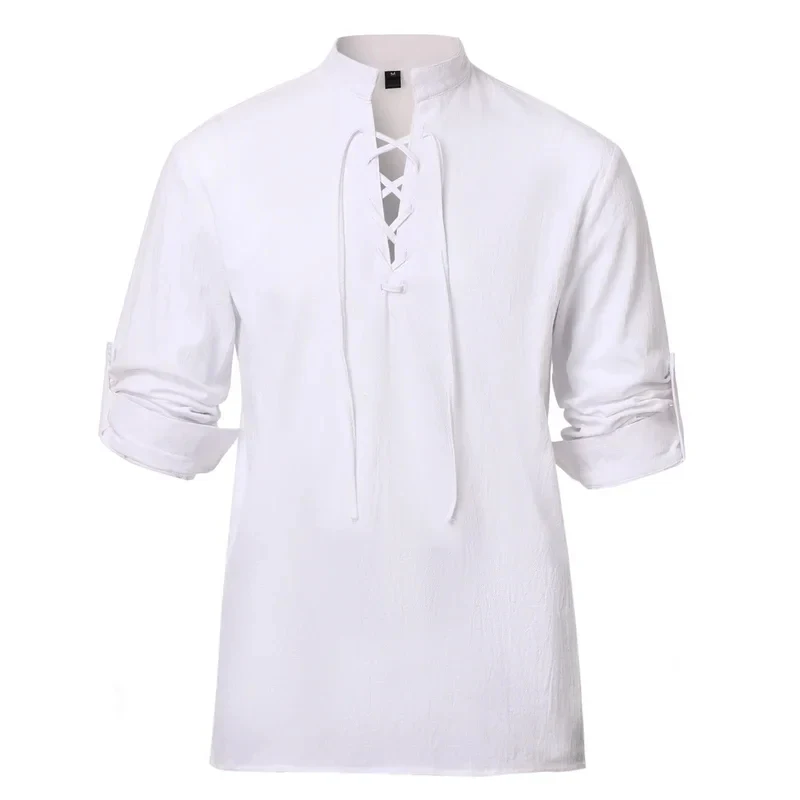 2026 Adult Men Viking Pirate Shirt Retro Style Lace Up Collar Jacobite Ghillie Kilt Henley Shirts Medieval Blouse 583CI view 2