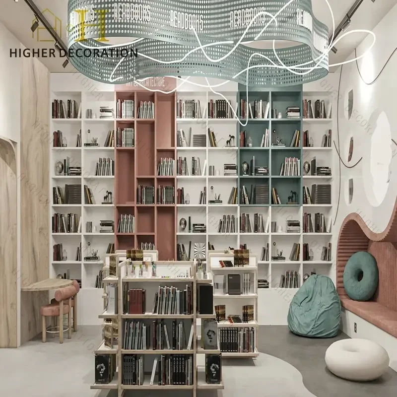 High Quality Library Bookshelf Bookcase Wooden Library Wall Bookshelf Bookcase Customize Study Table with Bookshelf 5