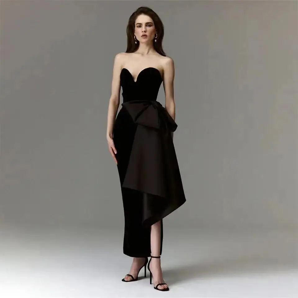 Fnoexw Black Velour Sweetheart Evening Party Dresses Modest Big Bow Strapless Side Split Simple Prom Dress Gowns Elegant Outfit