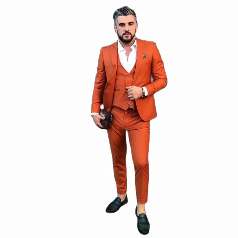 Orange Slim Fit Mens Prom Suits One Button Blazer Sets Wedding Suits For Men Tuxedos Three Pieces Blazers Jacket+Pants+Vest