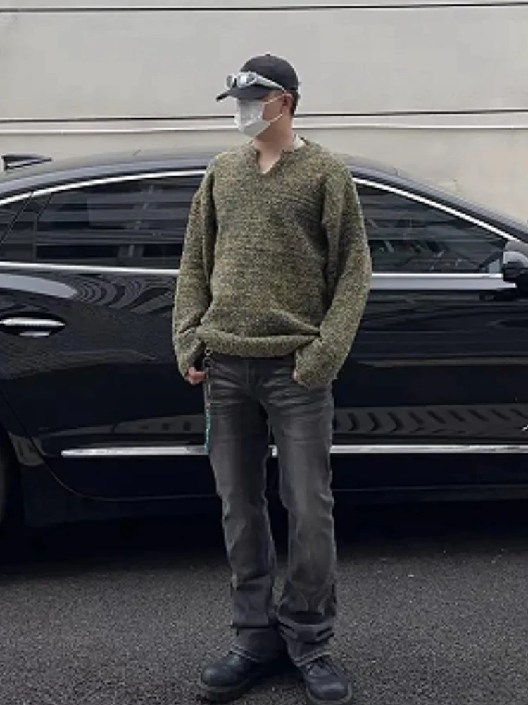 Retro Lazy Harajuku Sweater Men Clothes Knit Pullover Autumn Winter Coat Streetwear Loose Design Tops V-neck Knit Sweater New