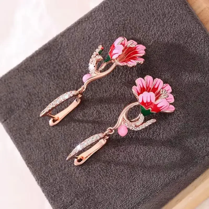 Handmade Enamel Dynamic Flower Earrings Fresh Flower Inlaid with Zircon Drip Oil Fashionable Rural Style Jewelry Accessory