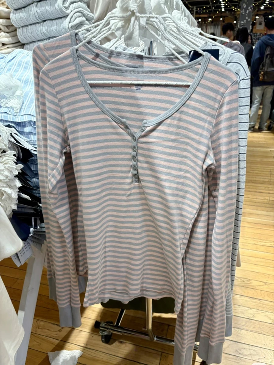 Women's Long Sleeve T Shirts Striped Cotton O Neck Casual Tops - Pink Gray Striped