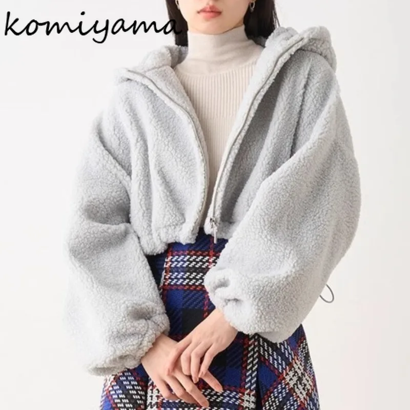 

Drawstring Plush Ropa Mujer Hooded Long Sleeve Woman Jackets Japan Loose Chaqueta Mujer Spring Winter Clothes Lamb Wool Coats