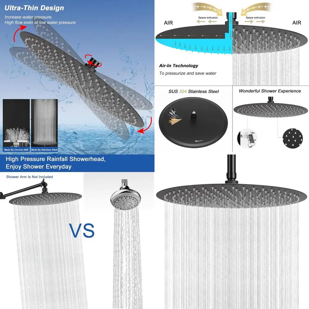 

16 Matte Black High Flow Stainless Steel Rain Shower Head with Ultra-Thin Design and Pressure Boosting for an Awesome Experience
