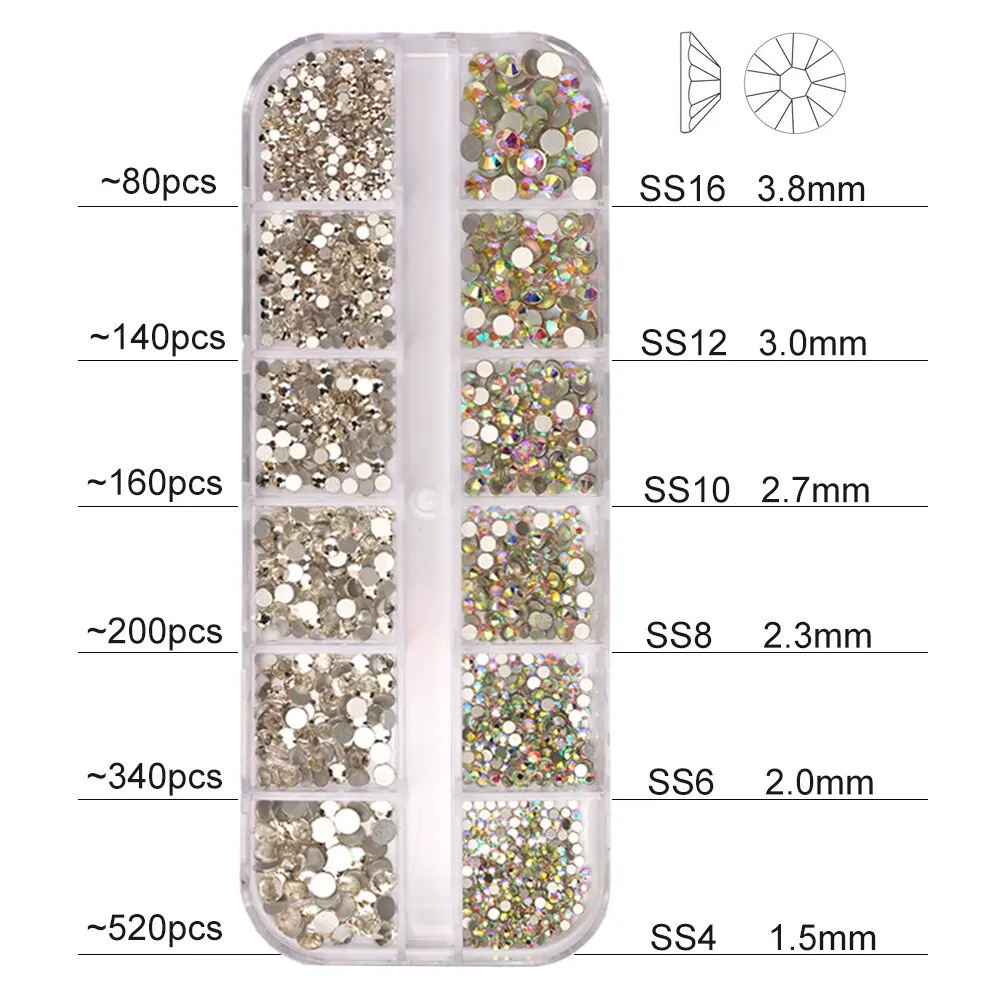 12 Grids Multi Sizes Clear Crystal AB Nail Rhinestones Set DIY Nail Art Decoration Diamonds with Tools Nails Accessories