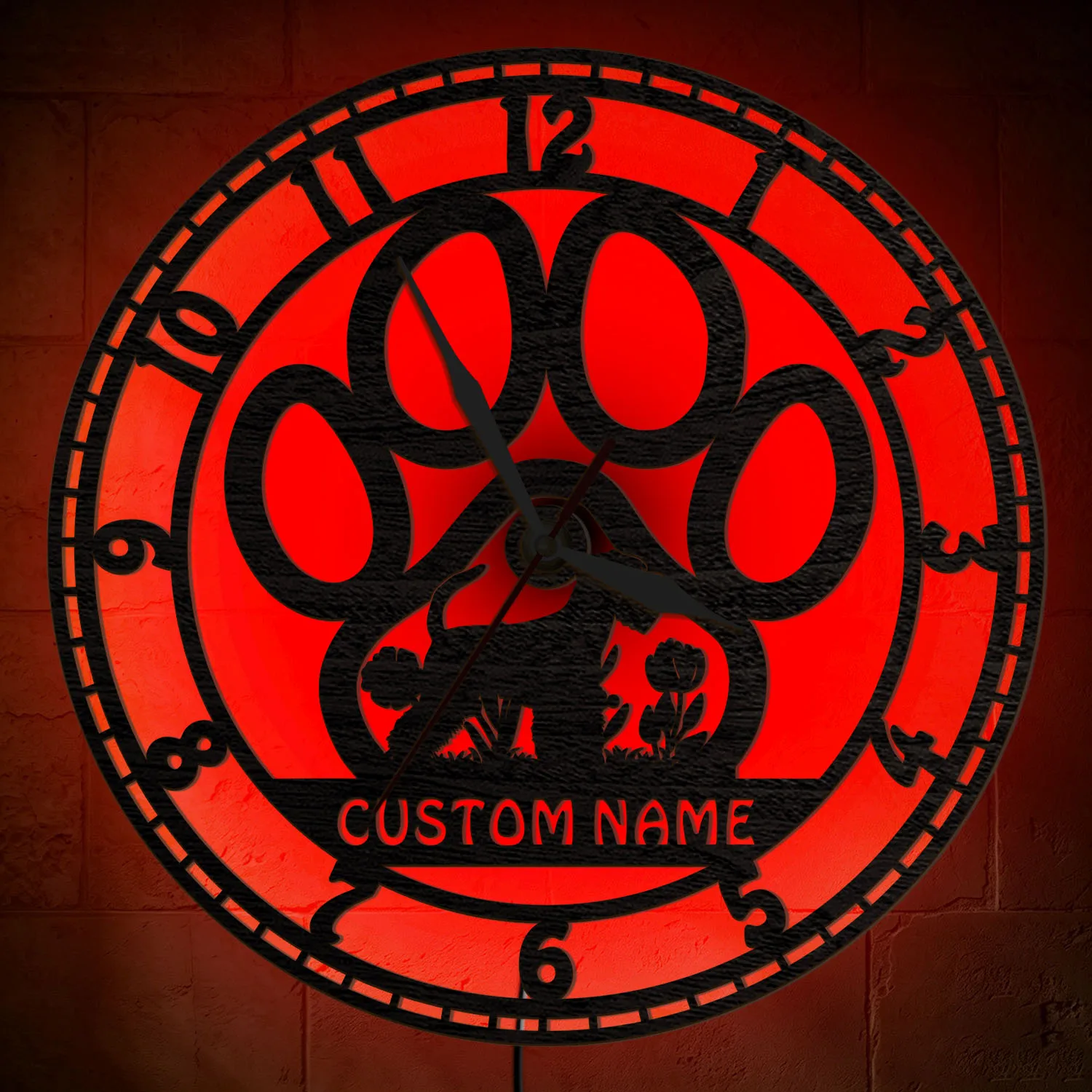 Personalized Dog Paw Wood Wall Clock Glow in Dark for Vet Clinic Pet Grooming Shop Multi Color LED Light Sign Backlit Wall Clock