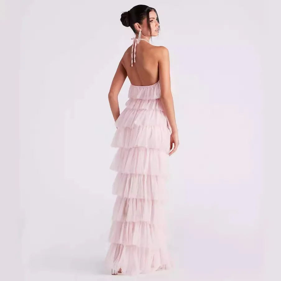 New Women\'s Party Sexy Dress Pink Cake Long Skirt Celebrity Sleeveless Ruffled Evening Dress with Neck Hanging Vestidos De Gala