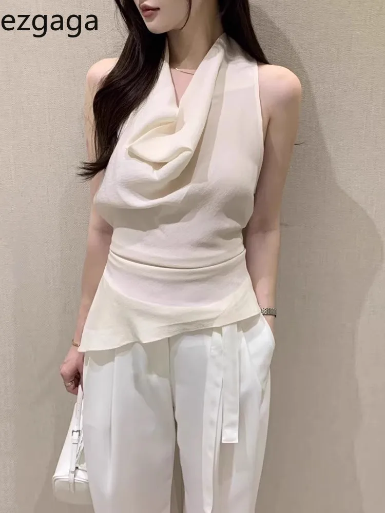 

Ezgaga Blouse Women Swinging Collar Sleeveless Bandage Summer Fashion Elegant French Style Chic Blouse Office Lady Bandage