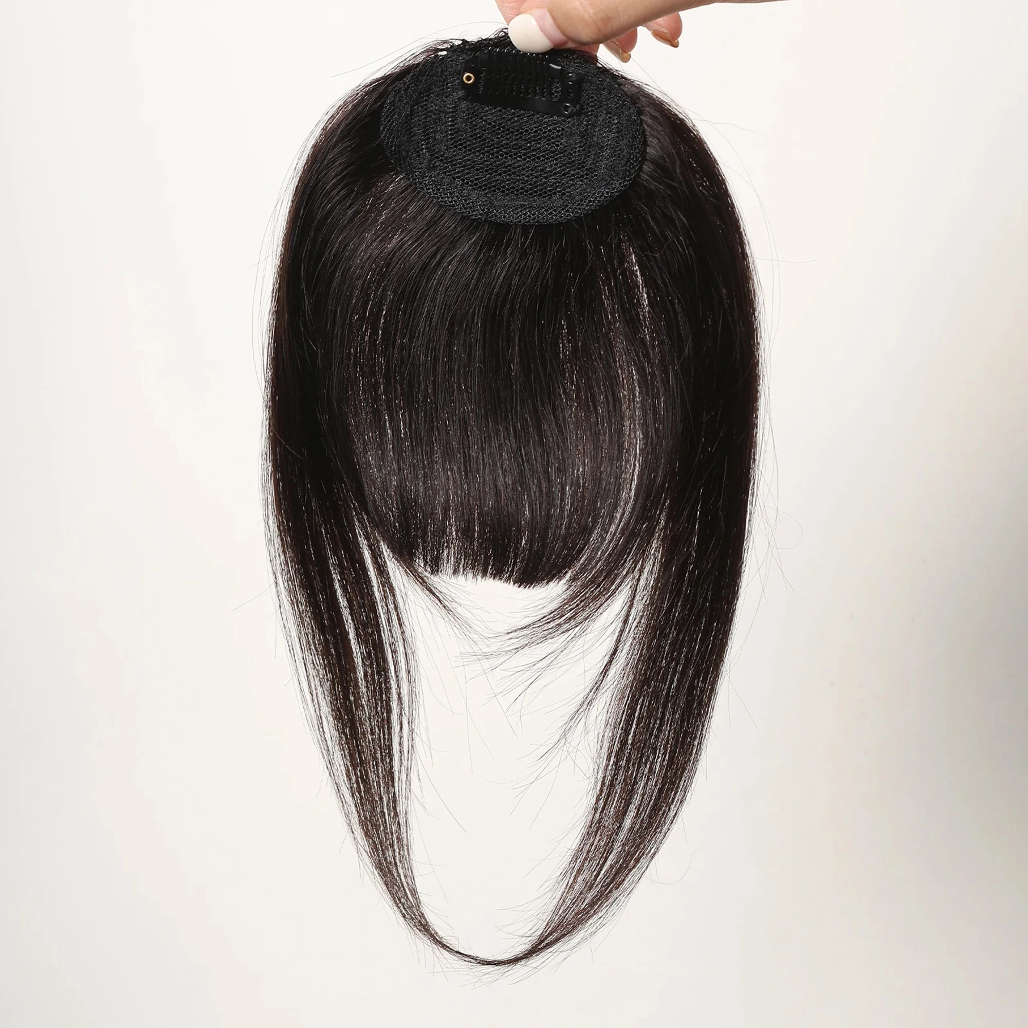 100% Echthaar-Pony, natürlich braun, wispy Pony-Haarteil zum Anklipsen mit Seitensträhnen, Haarteil für Frauen, Clip-on Air Bang 4,5 Zoll – Detail 10