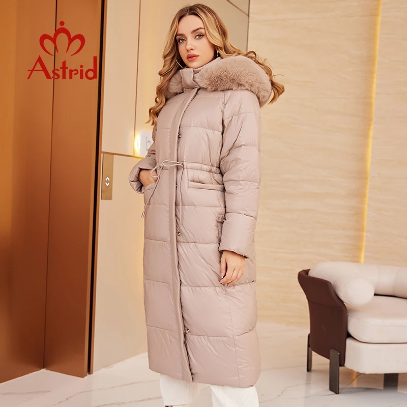 Astrid Women's Winter Parka Coats with Natural Fur Collar Hooded Belt Long Quilted Jackets Thick Warm Female Padded Overcoat