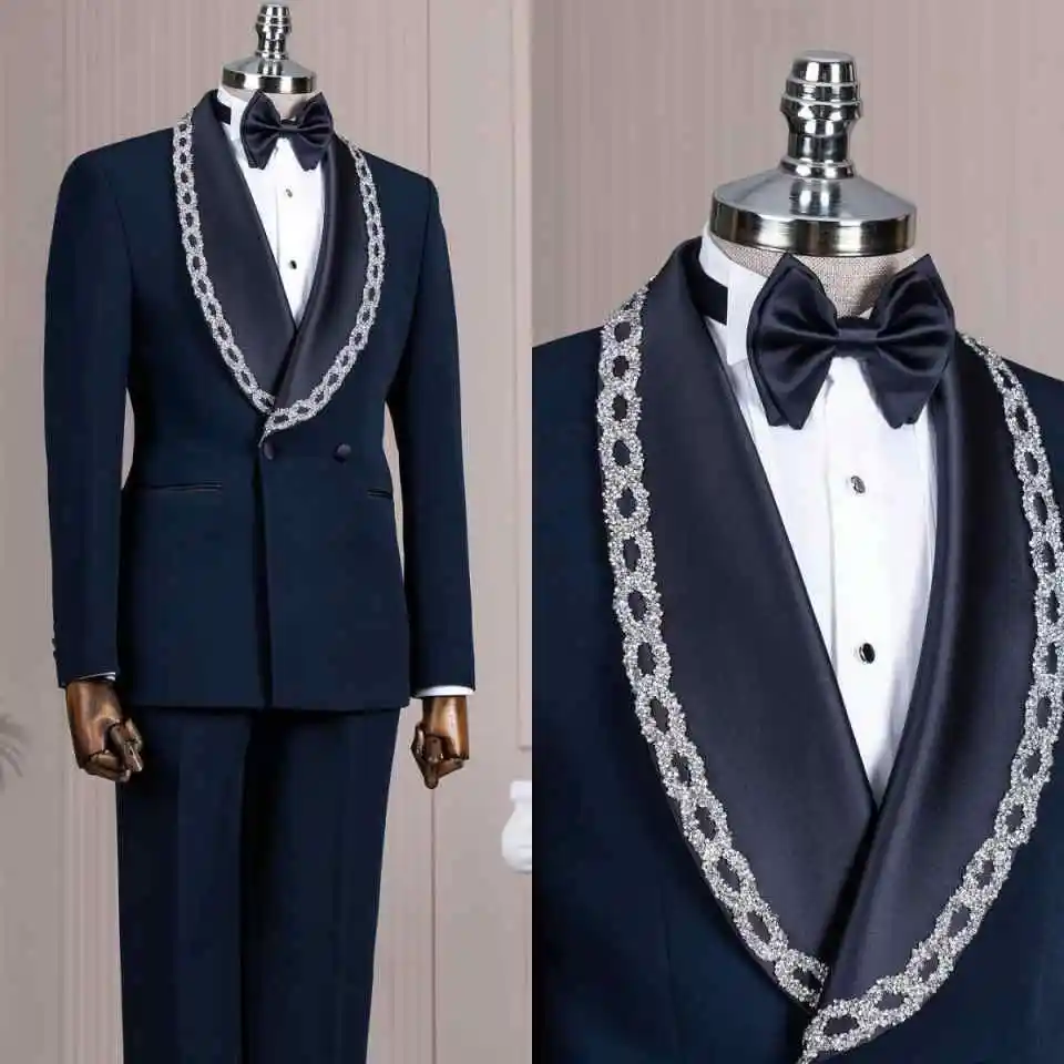 

Shining Wedding Grooms Tuxedos Crystals 2 Piece Jacket Pants Shawl Lapel Double Breasted Formal Evening Prom Customized