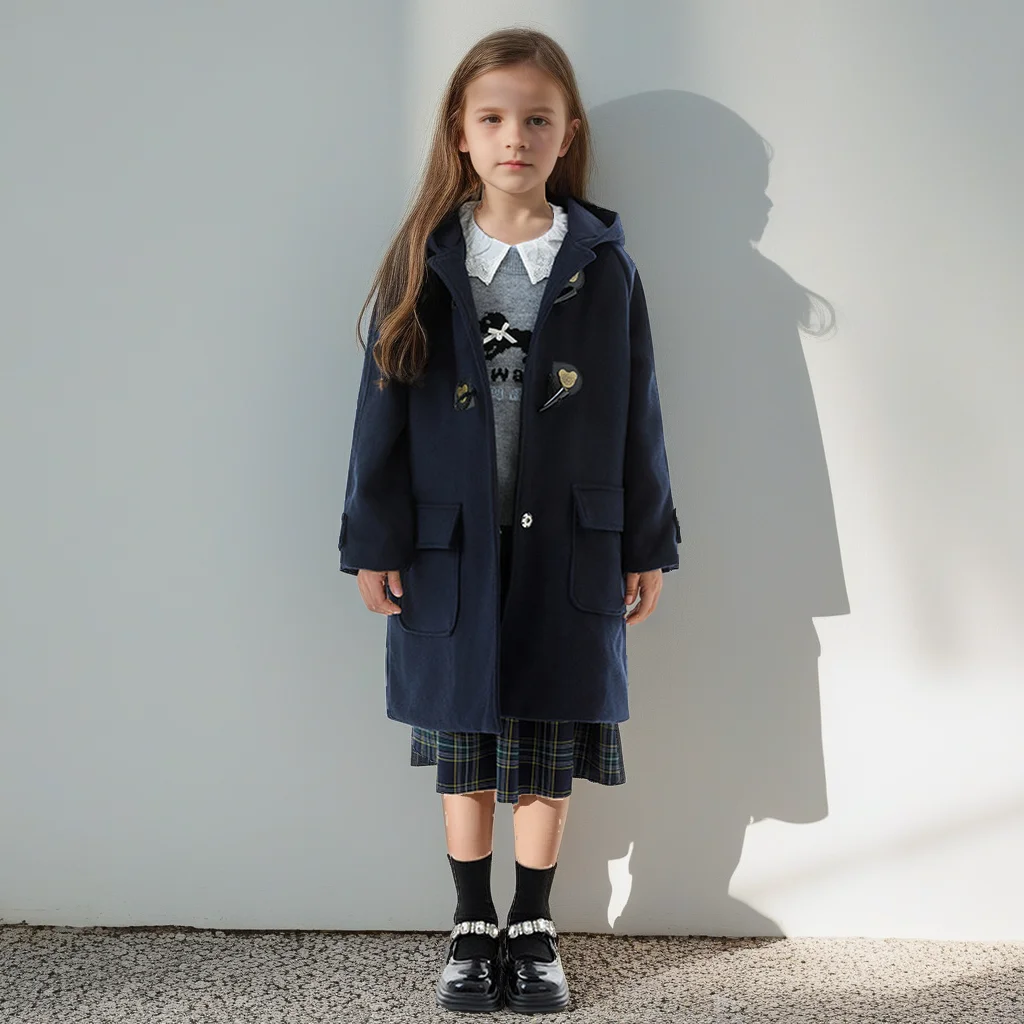 

Preppy Style Girl Wool Coat Autumn Winter Warm Thick Wool Blend Jacket Casual Versatile Toggle Button Hooded Teen Kids Outerwear