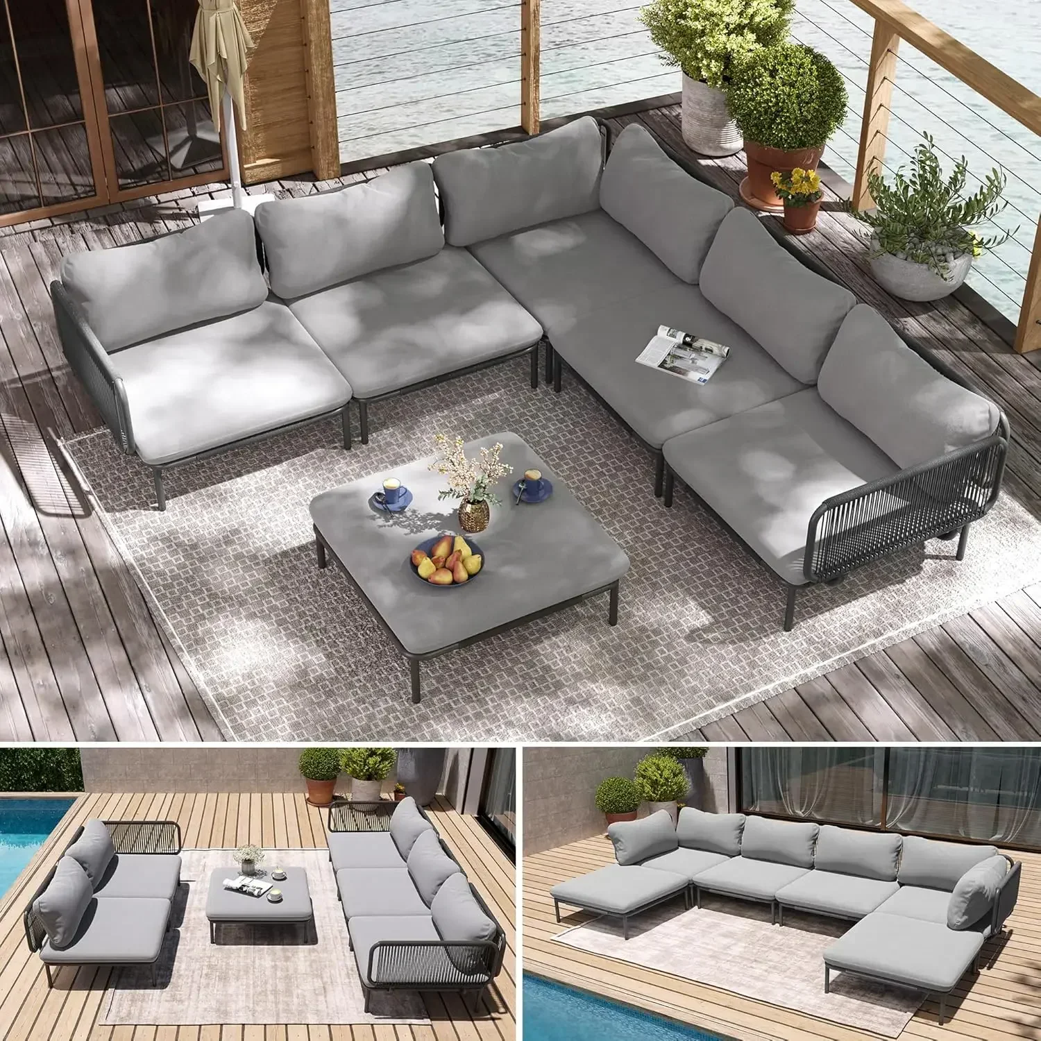 Patio Furniture Set, Outdoor ,Conversation Set Cushion for Indoor and Outdoor, Black Frame & Dark Grey Mat (6 Seats 8 Armrests)