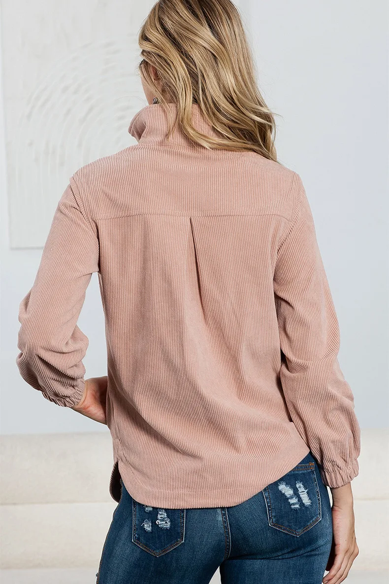 Women's Monochromatic Stand Collar Sweatshirt, Long Sleeve, Pocketed Ribbed Top,  Zipper Pullover, Loose Hoodie, Autumn, Winter,