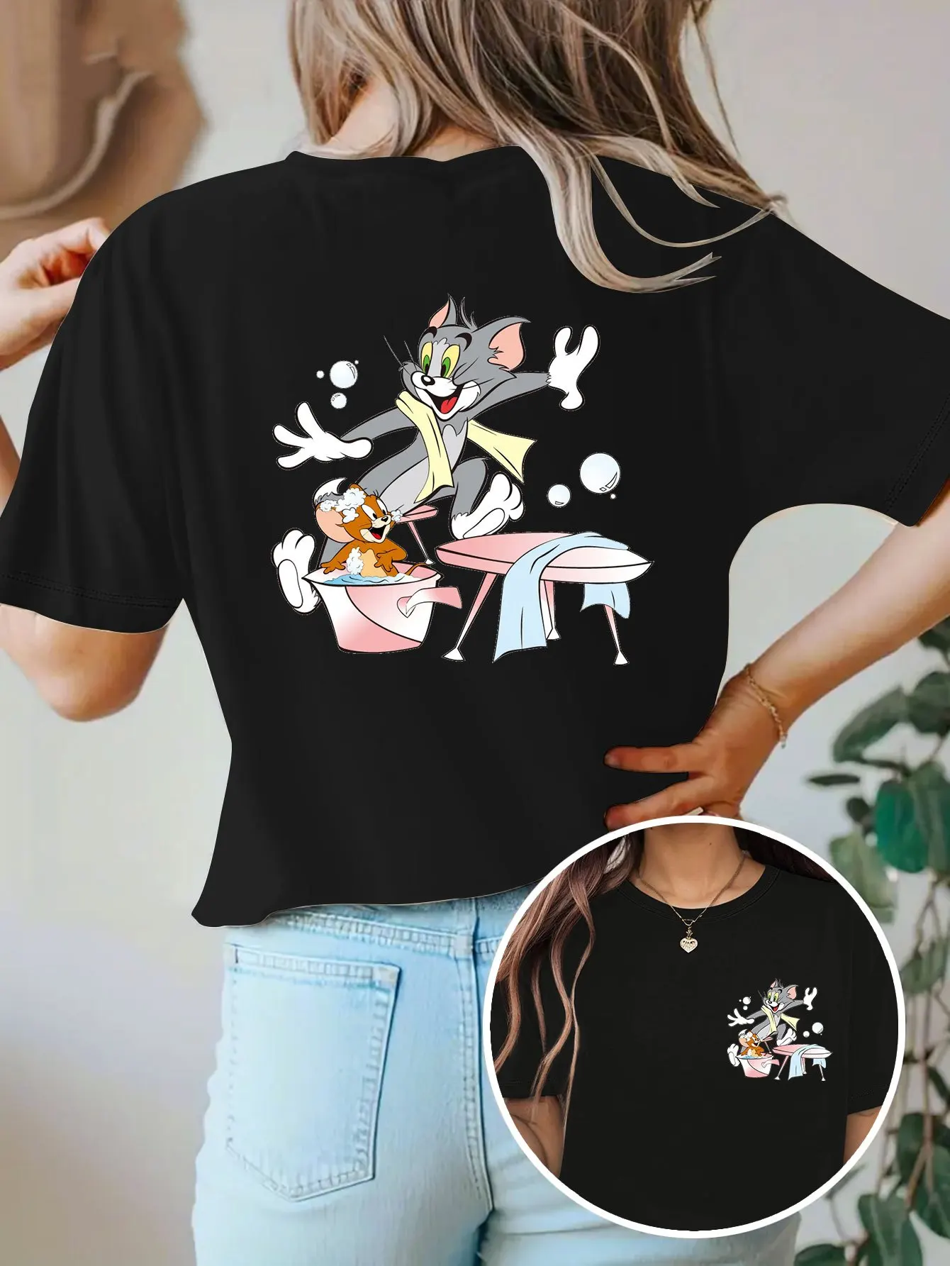 توم وجيري طباعة المرأة تي شيرت قصير الأكمام القطن تيز الكرتون توم وجيري المرأة تي شيرت ماركة ملابس الصيف Y2k القمم #1