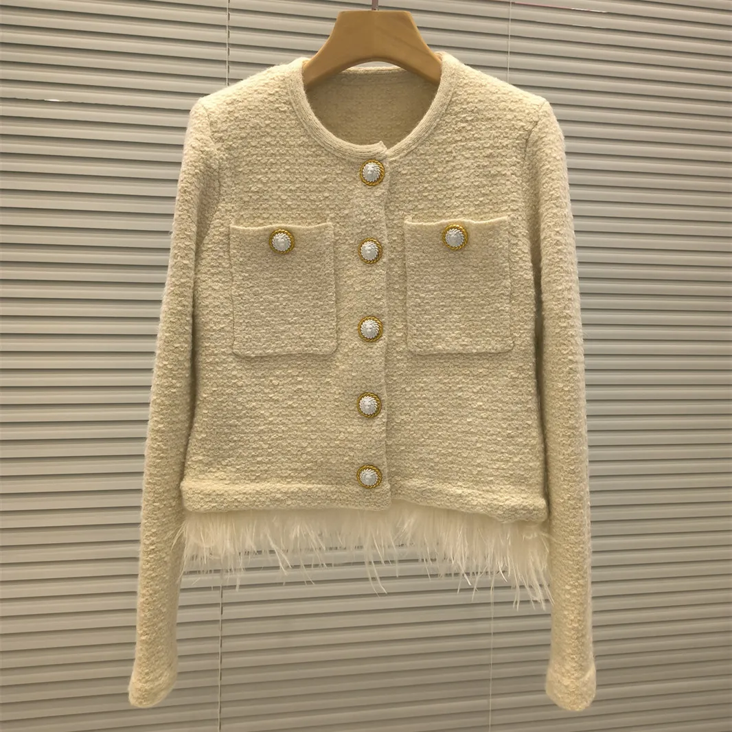 Elegant Heavy-Lace Shiny Thread Feather Parisian High-End Style Top Coat with Golden Buckle Short Outerwear for Women