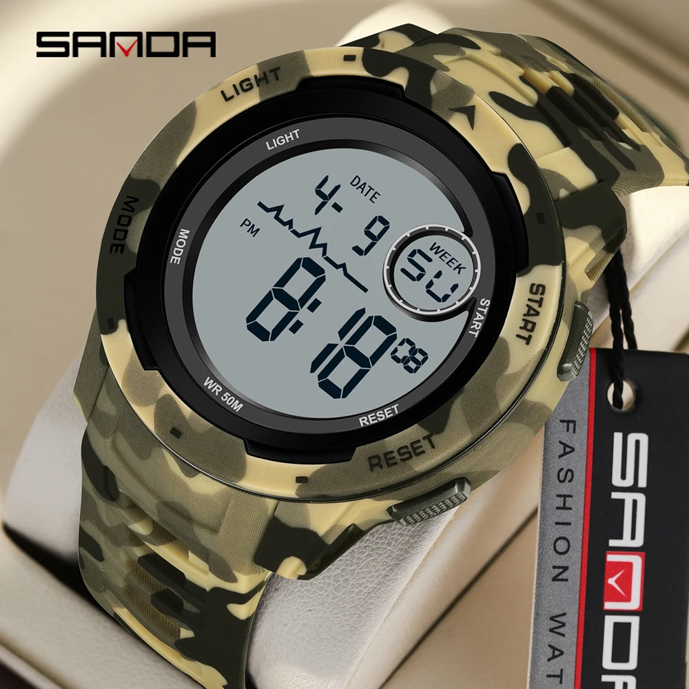 

SANDA 2185 Men's Camouflage Military Style Sports Style Multi functional Waterproof LED Men's Electronic Digital Watch 2025