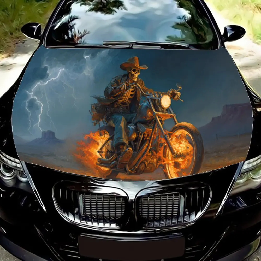 

Skull Cowboy on Fire Bike Car Engine Hood Sticker, Auto Art Decal, Car Exterior Personalized Decoration, Gift for Car Lovers, Un