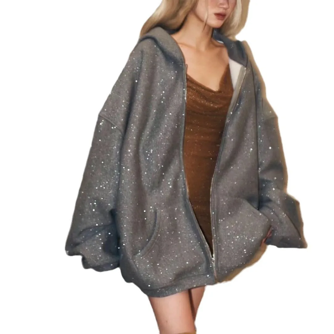 سترة نسائية بغطاء للرأس موضة ربيع 2026 جديدة مقاس كبير مع قلنسوة جالاكسي لامعة للخريف والشتاء سترة فضفاضة غير رسمية على طراز كسول #5