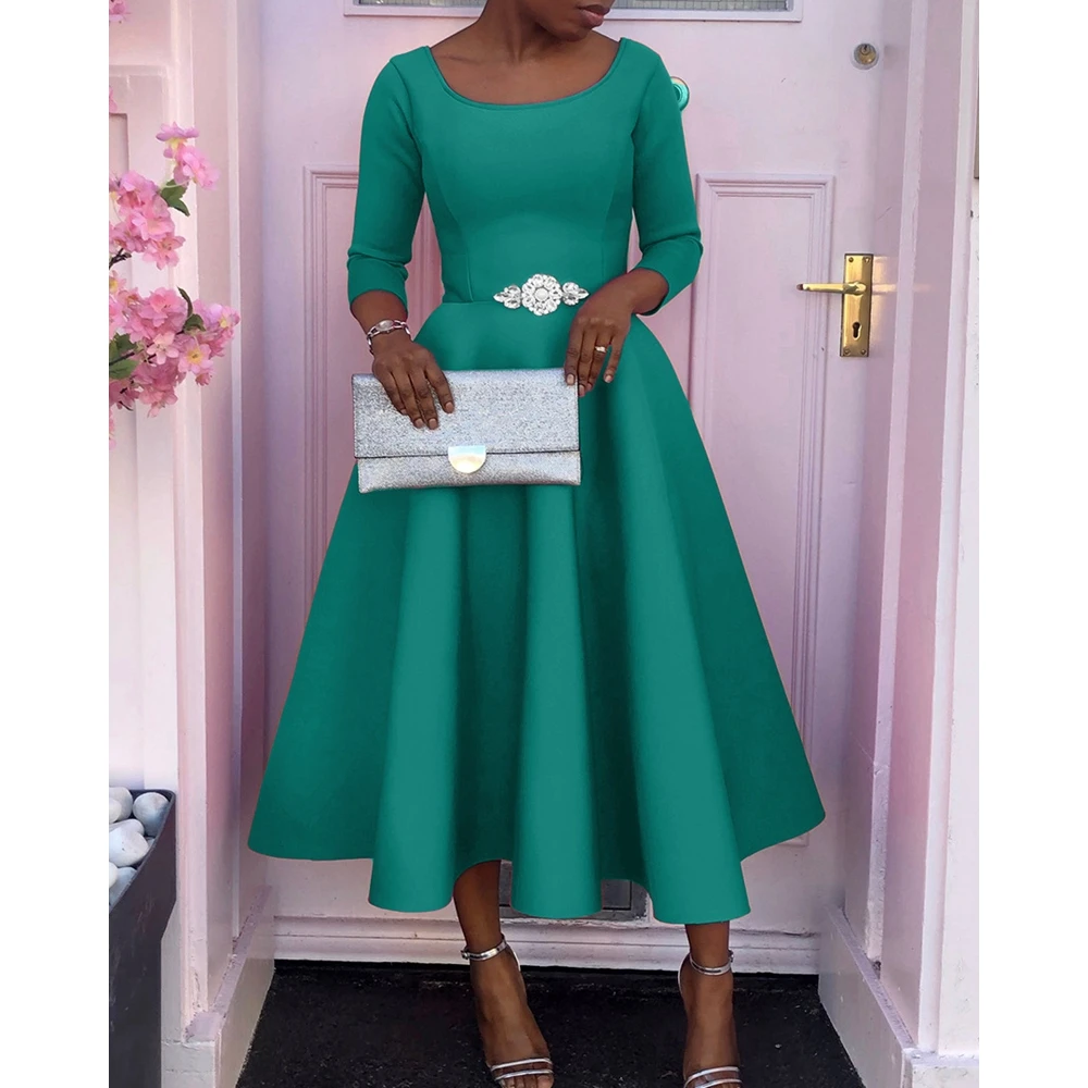 

Women Round Neck A Line Evening Party Dress Femme Wrist Sleeve Slim Empire Waist Midi Dress Elegant Green Vestidos Mujer