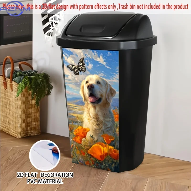 1pc 2D/FLAT,Self - Adhesive Dustbin Stickers,.01x81.99cm,Golden Retriever with Butterfly and ,Creative Trash Bin Sticker,Appli