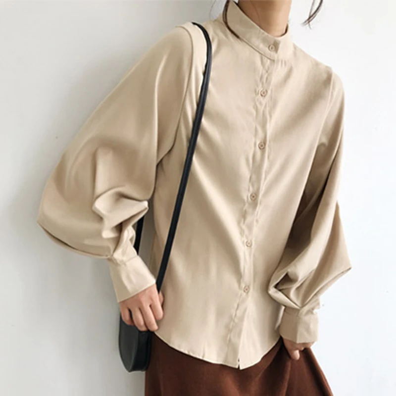 Lantern Sleeve Women Black Shirts Korean Retro Casual Loose Long Sleeve Tops Y2K Fashion All Match Office Ladies Blouse