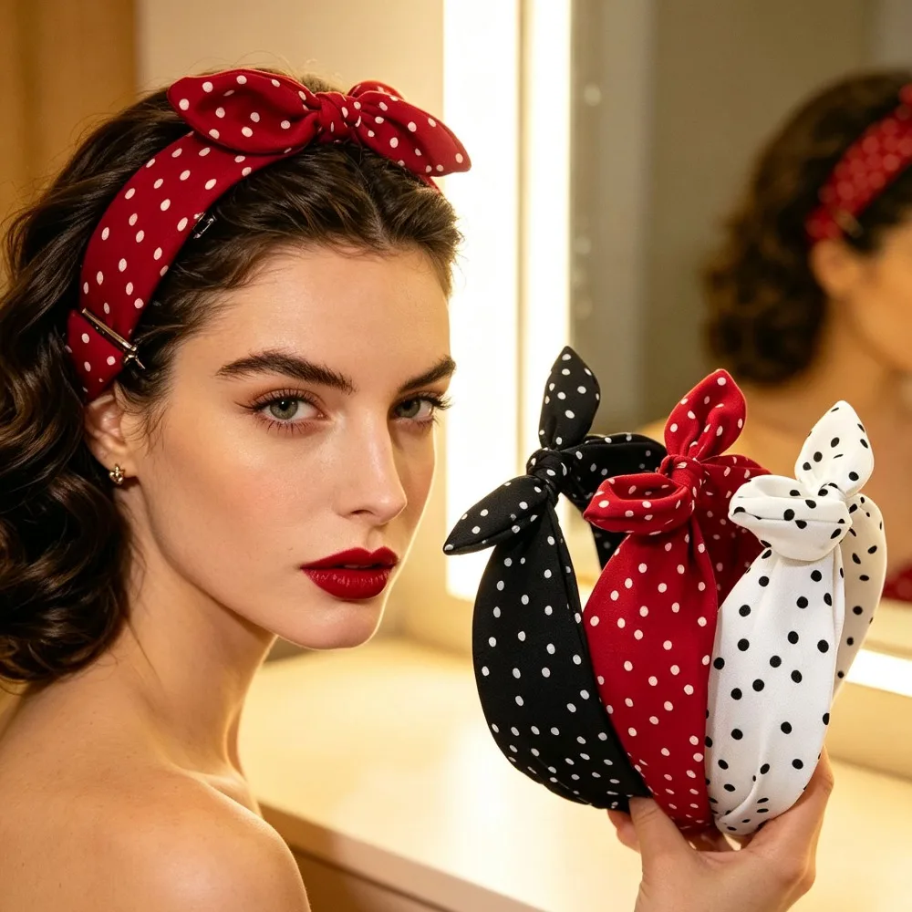 Polka Dot Bow Rabbit Ear Cross Hair Hoop Korean Retro Wide Headband Sweet Fashion Headwear for Girls Women