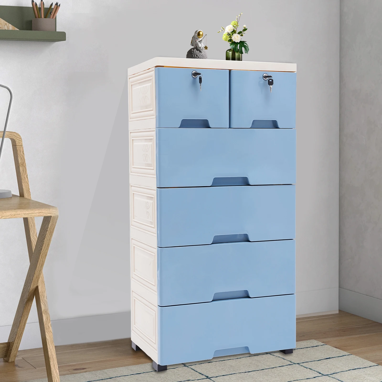 5 Layer Plastic Dresser Storage Cabinet 6 Drawer Closet Organizer Bedroom Chest Storage Tower for Hallway Home Blue