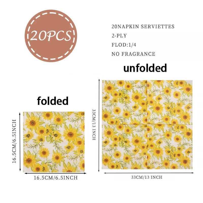 20Pcs Disposable Paper Napkins, Sun Flower Printed Napkins, Party Handkerchief Tissue Paper Towel, Table DIY Decor