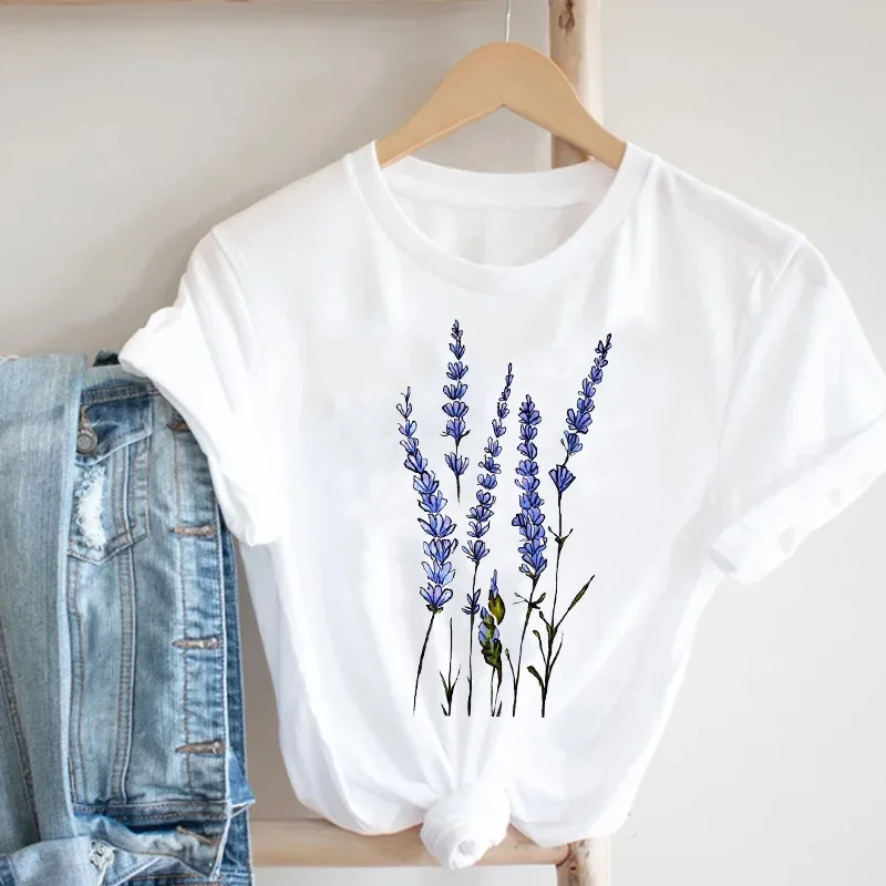 Explosive Women's Top Watercolor Flower Plant Print Base Shirt Letters Retro Simple Short Sleeve Harajuku  Aesthetic Clothes