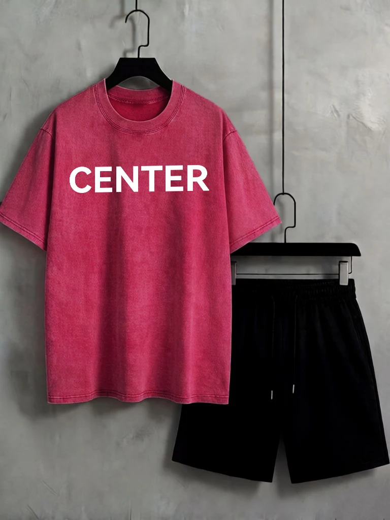 

Center Letter Prints Sport Cotton Washed Man T-Shirt Summer O-Neck All-Match T Shirt Soft Comfortable Shorts Set Loose Clothes