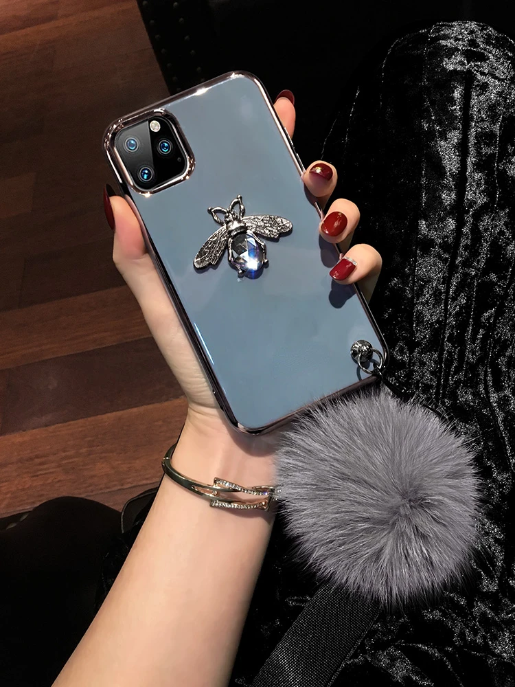 Luxury Glitter Diamond bee Furball Lanyard Electroplated Phone Case For iPhone 14 13 12 11 Pro Max X Xr Xs 7 8 Plus SE2020 Cover