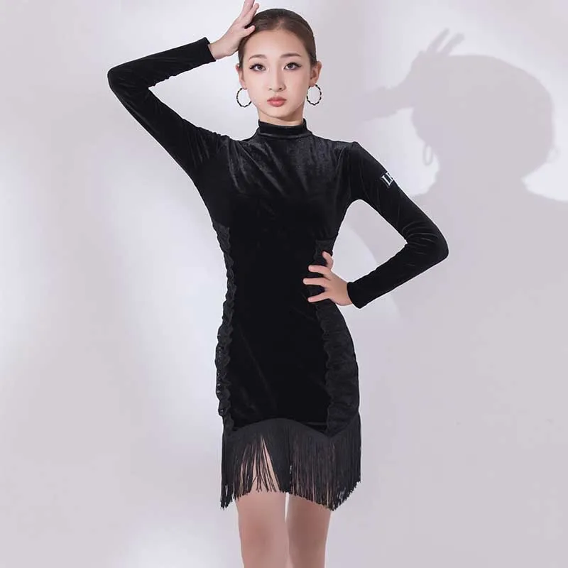 

Winter Latin Dance Costume Black Samba Performance Clothes ChaCha Stage Wear Rumba Clothing Girls Practice Tassel Dress New 851