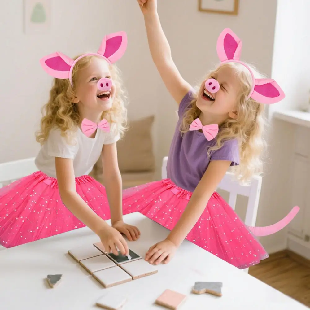 Невыцветающая повязка на голову для девочек, костюм свиньи для косплея, комплект с повязкой на голову со свиными ушками, галстук с бантом, сетчатая пряжа для носа для детей для купания