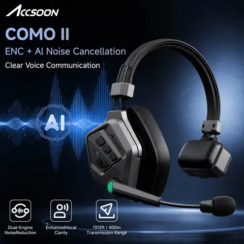 Accsoon CoMo II Wireless Intercom Headset Full-Duplex 1.9GHZ 400m Range, ENC AI Noise Canceling, 10H+ for Film Crew Movie Shoot