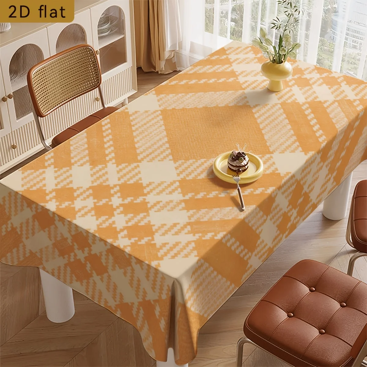 Orange Plaid Tablecloth, Warm Orange and Cream Houndstooth Print, Rectangular Table Cover for Dining Room Home Decor