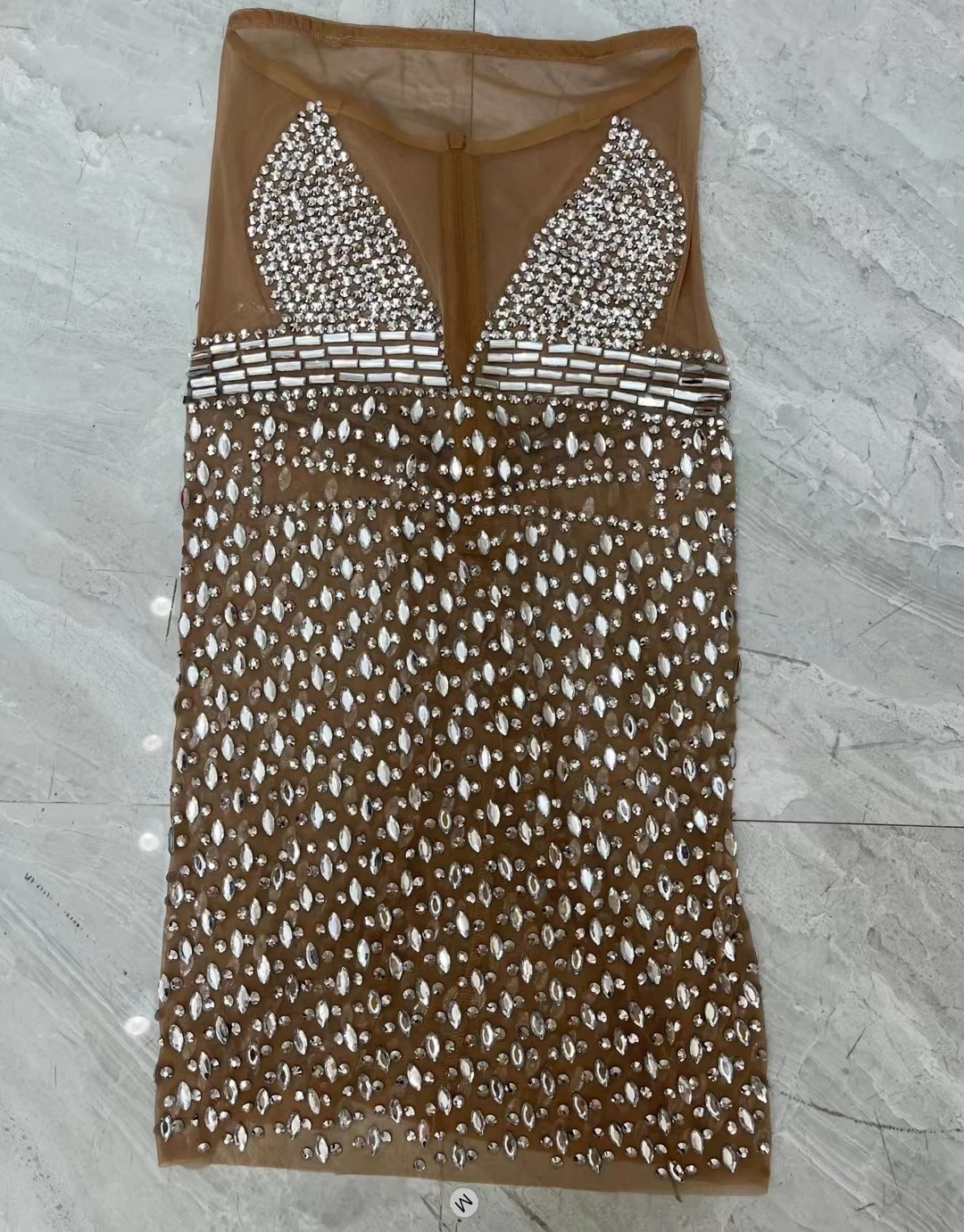 Abito ultra corto senza spalline con strass scintillanti da donna sexy couture festa di compleanno ballo vedere attraverso la maglia bar vestito da ballo Niujiao