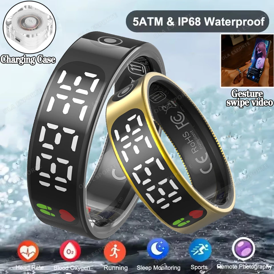 

2025 Smart Ring Men Women LED Display Screen Heart Rate Blood Oxygen Monitor 5ATM Waterproof Multi Sports Mode Gifts For Andorid
