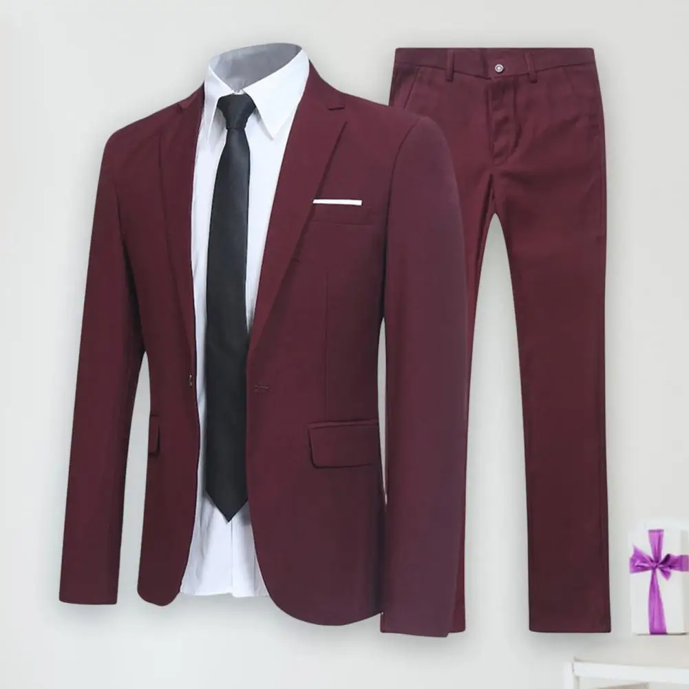 Stylish  Men Blazer Pants Spring Autumn One Button Lapel Suit Set Fine Touch Super Soft Suit Coat Trousers for Wedding