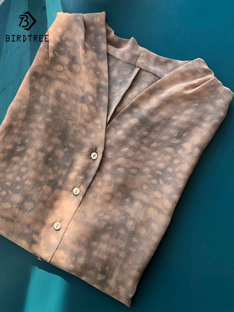 

BirdTree-100% Silk Elegant Shirt, Women Long Sleeve V Neck Print, Romantic Vintage Commute Loose Blouse, 2025 Autumn T57356CC
