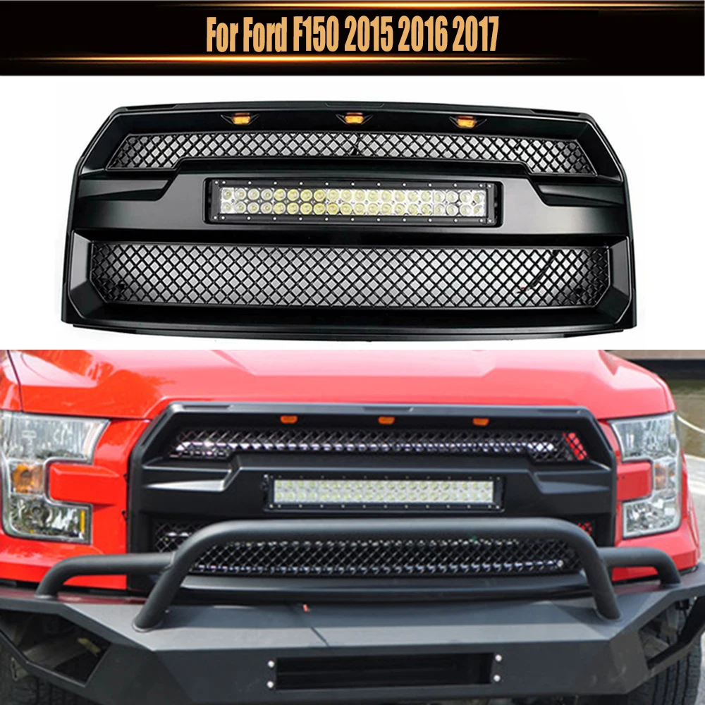 

Для Ford F150 2015 2016 2017 Raptor Модифицированная гоночная решетка Передний бампер Верхняя решетка радиатора с светодиодной панелью 120 Вт Подходит