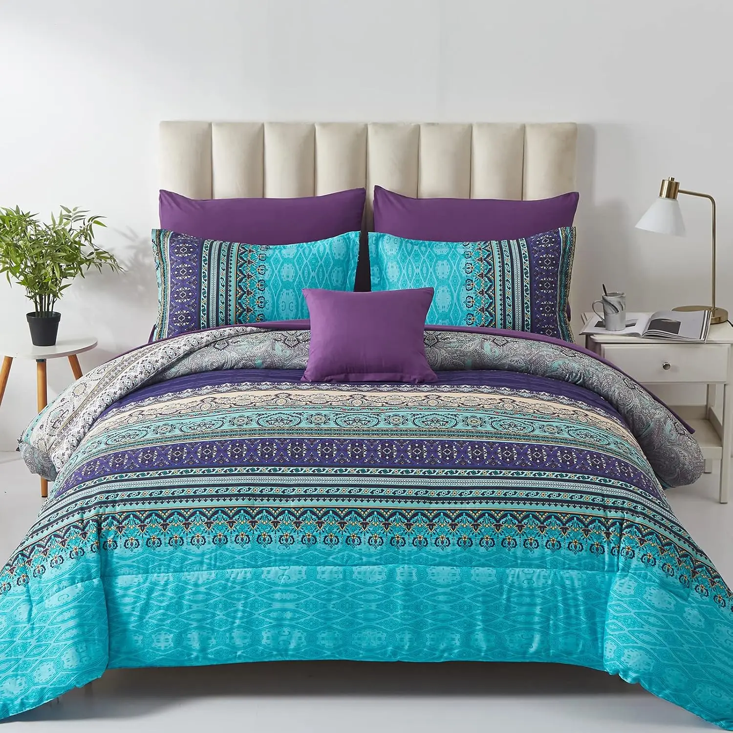 

Bohemian Striped Queen Bedding Set, 8-Piece Microfiber Comforter and Sheets in Aqua Paisley Floral Design for All Seasons