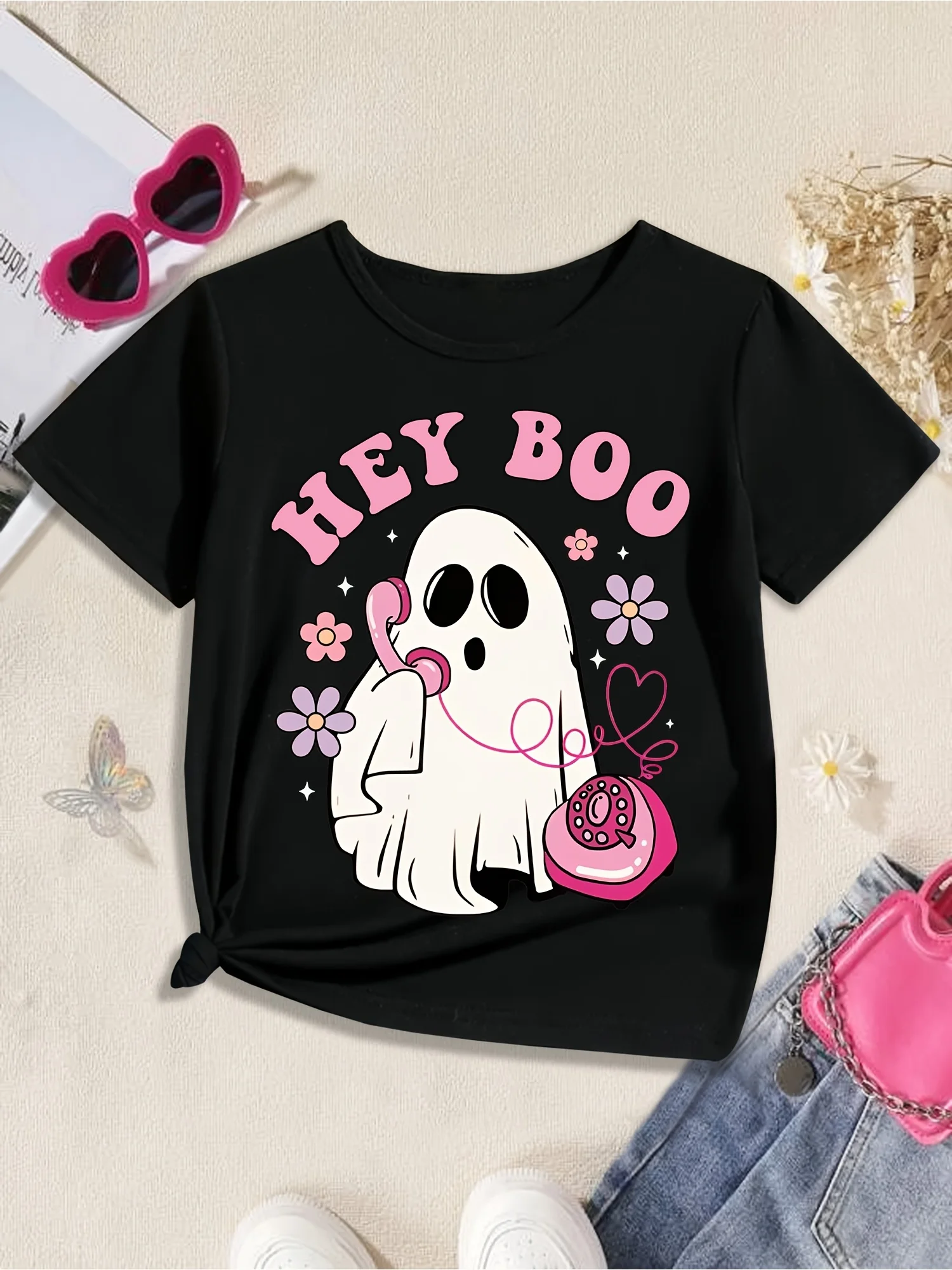 

Hey Boo Halloween Ghost Print T-Shirt Boys and Girls Cotton Tees Short Sleeve Children T-shirts Summer Baby T-shirt Kids Clothes